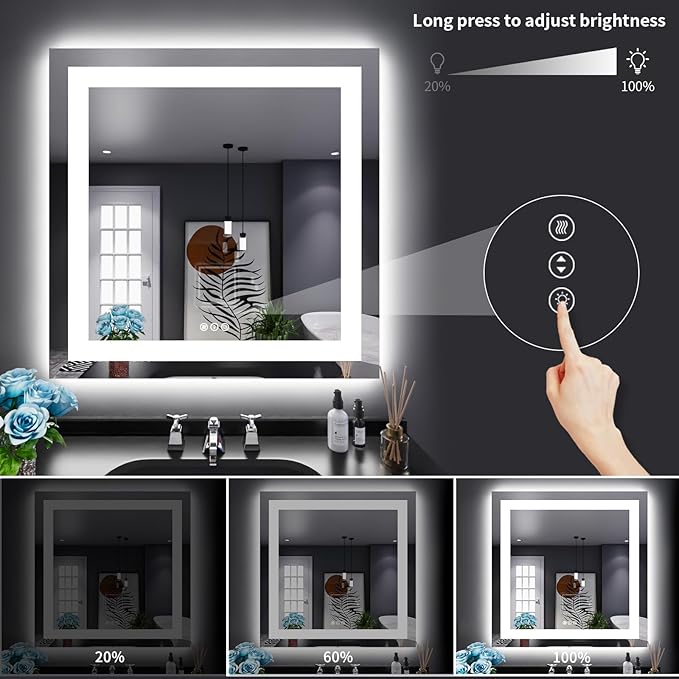 LOAAO 38"X38" LED Bathroom Mirror with Lights, Anti-Fog, Dimmable, Backlit + Front Lit, Lighted Bathroom Vanity Mirror for Wall, Memory Function, Tempered Glass, Shatter-Proof, ETL Listed