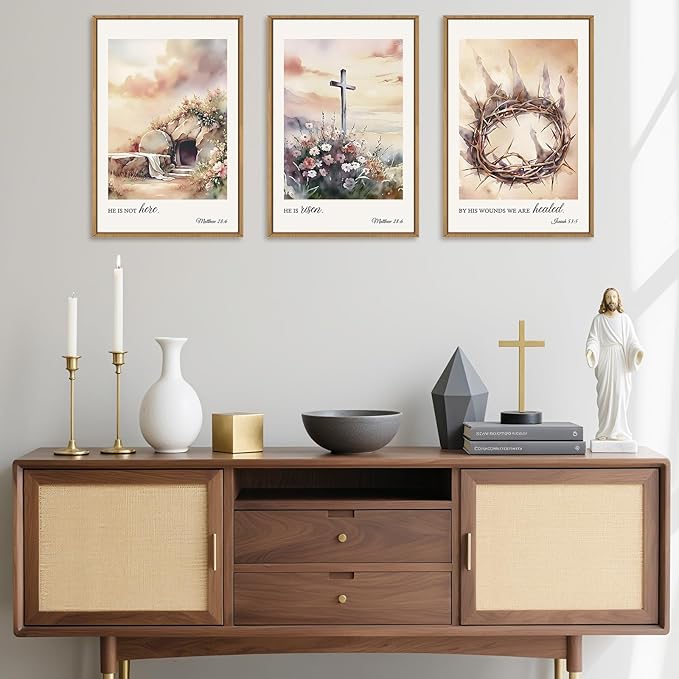 Ausril 3 Pcs Christian Cross Framed Wall Art Set, Jesus Empty Tomb Canvas Decor, Christian Religious Bible Painting, Jesus Crucifixion Risen Easter Print for Living Room, Bedroom, Church 16X24inch