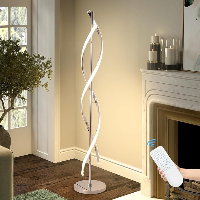 LED Modern Floor Lamp for Living Room, 40W 3 Colors Stepless Dimmable and Color-Changing Bright Floor Standing Lamp,60" Unique Spiral Floor Tall Lamp for Bedroom Office with Remote,Chrome