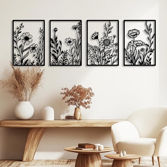 Metal Flowers Wall Décor Minimalist Metal Wall Art for Living Room Bedroom Bathroom, Black Abstract Flowers Line Hanging Art 3D Textured Wall Sculptures 4 Pcs
