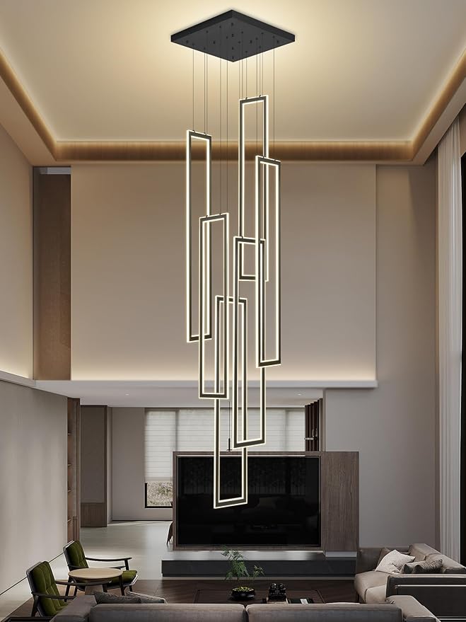 6-Rings Modern Chandelier,H138 Rectangle Chandeliers for Staircase,LED Dimmable High Ceiling Chandeliers Large Contemporary Chandelier for Villa Foyer Black