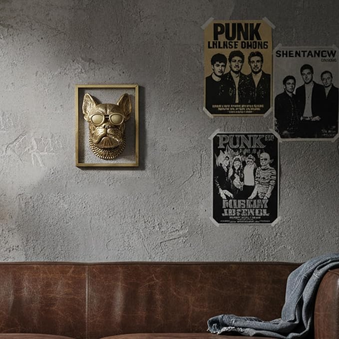 Animal Heads Wall Decor (Includes Metal Frame) Resin Animals Sculptures Head Wall Hanging Decoration Gold vintage Wall Sculpture for Living Room Bedroom Office(Bulldog)