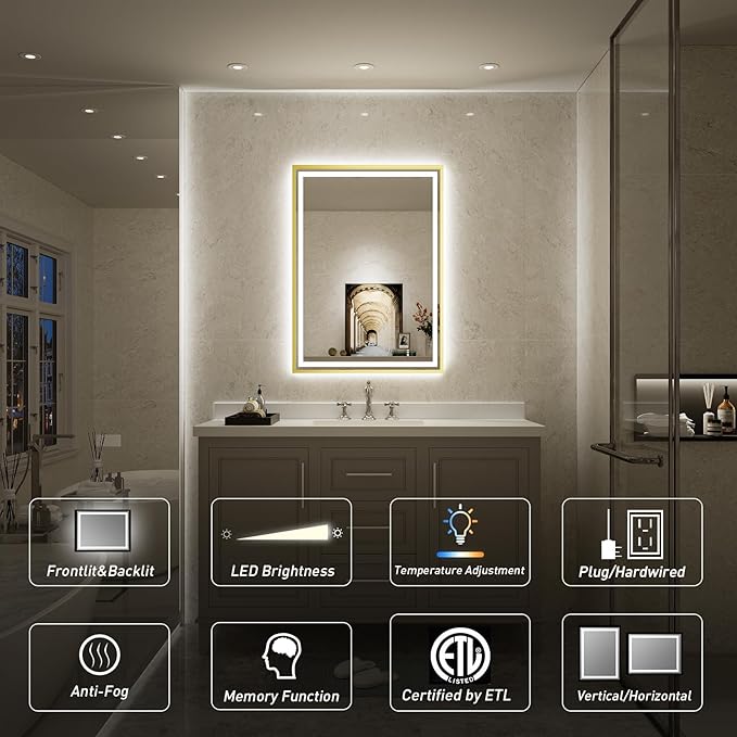 24x32 Inch LED Bathroom Mirror with Lights, Frontlit & Backlit Gold Metal Frame Mirror, Wall Mounted Lighted Vanity Mirrors for Wall, Double Lights Strips,Anti Fog Stepless Dimmable 3000K-6000K
