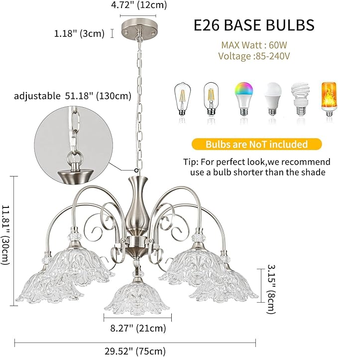 5-Light Chandeliers in Brushed Nickel Finish with Crystal Glass Shades, Brushed Nickel Chandelier Light for Dining Room,Hallway,Kitchen