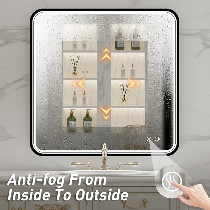 36X36 Inch Black Frame Bathroom with Lights,Wall Mounted Lighted Vanity Mirror,Anti Fog Dimmable Led Mirror for Makeup(Horizontal/Vertical)