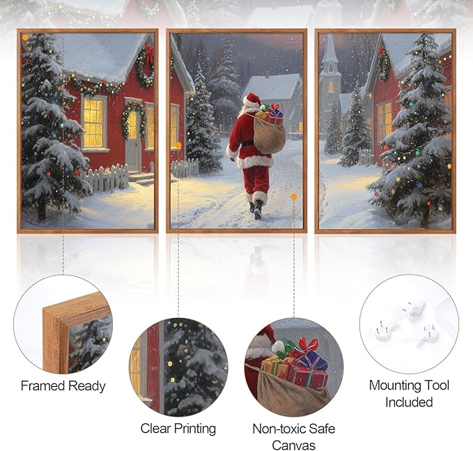 Aurlan Santa Claus is Coming to Town Framed Wall Art(12"x16"), 3PCS Vintage Christmas Winter Holiday Canvas Artwork, Large Xmas Snow Forest Cabin Cottagecore Decor for Home Office Bedroom