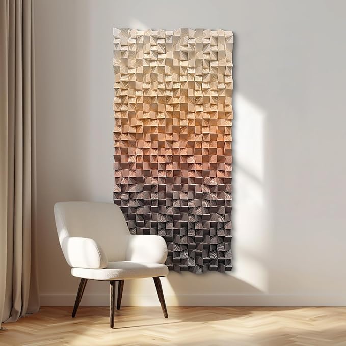 LIUZEYUE - 3D wooden block painting gradient coffee white art background wall wooden block abstract geometric wall decoration living room/bedroom/office modern minimalist style decoration 23.6"x47.2"