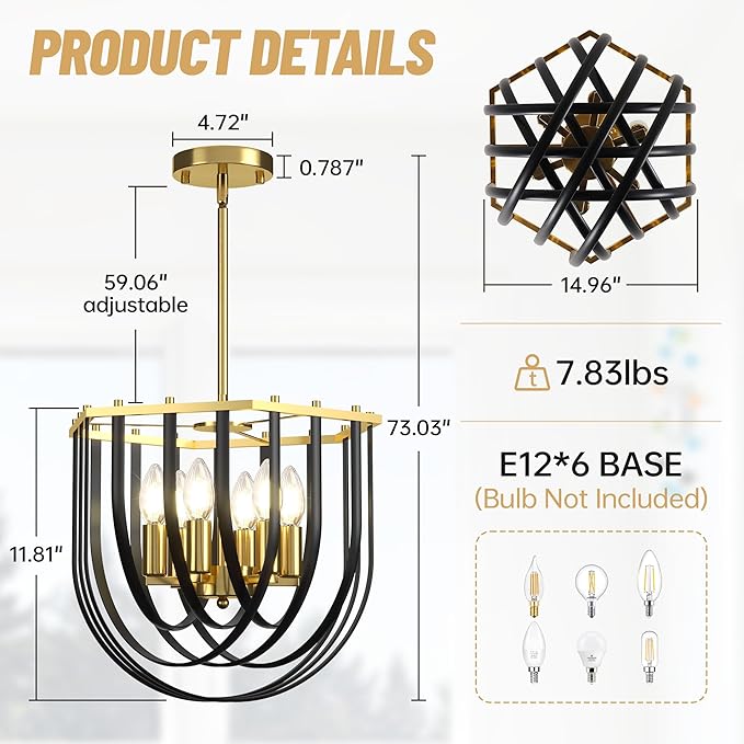 6-Light Modern Farmhouse Chandelier, Black and Gold Dining Room Light Fixture, Hanging Pendant Lights Kitchen Island, Foyer Lighting Fixtures with Metal Frame, for Living Room, Bedroom, Entryway