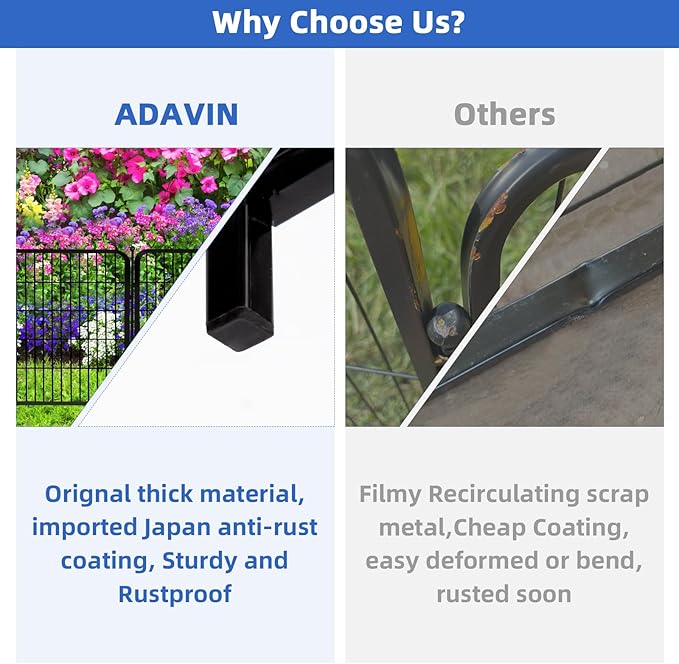 ADAVIN Tall Garden Fence 48 in(H) 12 Panels Total 26.6 FT(L), Heavy Duty Iron Metal Fence and Border, Flower Bed Fencing, outdoor Animal Barrier Fences, Dog Fences with gate for the Yard Camping,Black