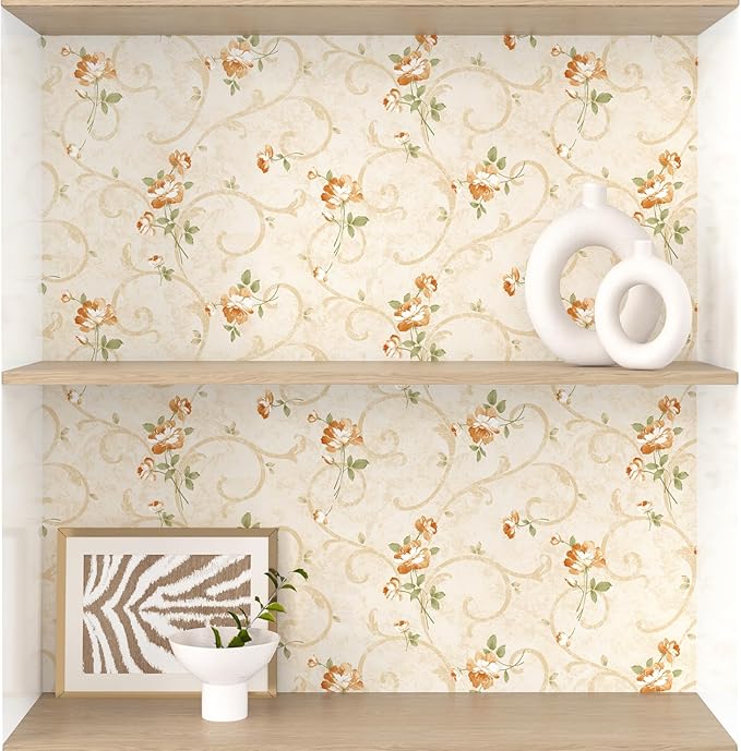 17.5"x315" French Country Wallpaper Beige Vintage Floral Peel and Stick Wallpaper for Accent Walls Yellow Wild Flowers Rustic Boho Contact Paper Floral Removable Contact Paper Wall Decorative