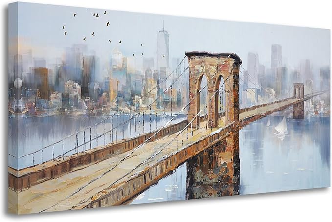 Arjun Brooklyn Bridge Canvas Wall Art New York Skyline City Painting, NYC Picture Textured Artwork Framed for Bedroom Living Room Home Office Wall Decor, Large 40"x20"