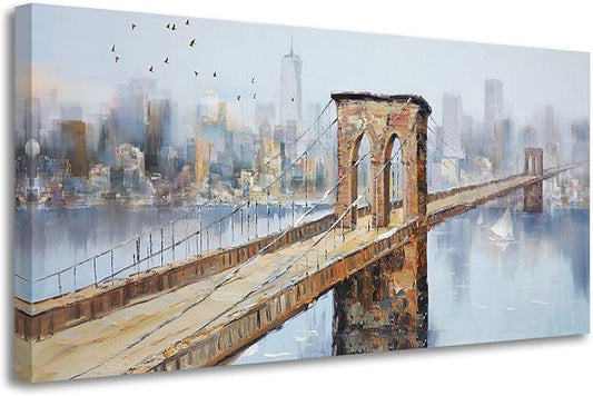 Arjun Brooklyn Bridge Canvas Wall Art New York Skyline City Painting, NYC Picture Textured Artwork Framed for Bedroom Living Room Home Office Wall Decor, Large 40"x20"