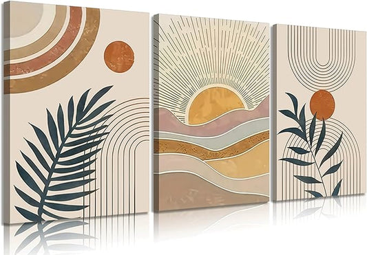 3Pcs Framed Boho Abstract Wall Art Orange Rainbow Sun Desert Minimalist Picture Mid-Century Modern Poster Prints Neutral Botanical Geometric Canvas Painting Wall Decor for Living Room 24L" x 16W"