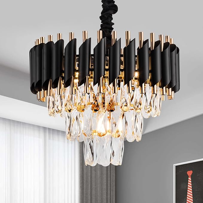 15" 5-Light Modern Crystal Chandelier Light Fixtures 3-Tier Black Gold Luxury Chandeliers for Dining Room Round Hanging Pendant Lighting for Living Room Kitchen Entryway Bedroom Hallway