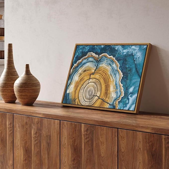BingruiArt Framed Tree Ring Canvas Wall Art Abstract Wood Wall Decor Boho Modern Colorful Nature Painting Wood Stump Prints Pictures for Living Room Bedroom Bathroom Office 12"x16" Natural Framed(07)