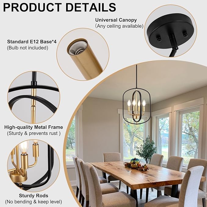 Modern Chandelier for Dining Room, Black and Gold Chandelier Light Fixture, 4-Light Farmhouse Chandelier Lights, Adjustable Rustic Chandeliers for Kitchen Island, Entryway, Foyer, Living Room