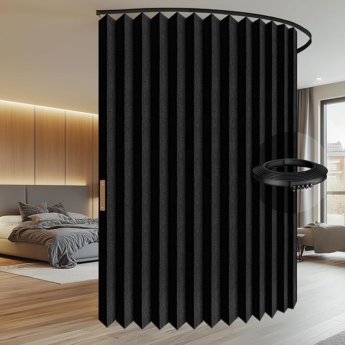 100% Blackout Accordion Room Divider Curtains - with Flexible Ceiling Track Total Privacy Sound Proof Curtains Suitable for Bedroom Patio Sliding Door(Black, W100 x L84, 1 Pack)