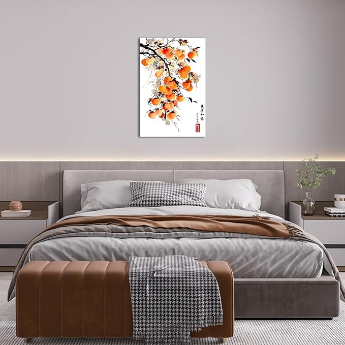 Canvbay Asian Wall Art Traditional Chinese Ink Style with 'May everything go as you wish' Quote Canvas Prints Persimmon on Branch Painting Pictures Oriental Poster for Home Decor Office 8x12inch
