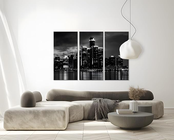 NAN Wind 3 Pcs Detroit Skyline Canvas Wall Art Cityscape Night Scene Black and White City Art Print on Canvas Modern Giclee Framed Painting for Room Decor Home Decor Detroit Skyline Picture Prints