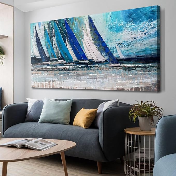 Arjun Blue Abstract Wall Art Canvas for Living Room Teal Ocean Sailboat Textured Bedroom Picture Modern Turquoise Coastal Nautical Painting Framed Artwork Home Office Wall Decor, Extra Large 58"x29"