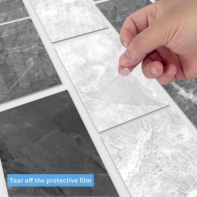 64-Pack Peel and Stick Backsplash Marble Wall Tiles, Waterproof 4" x 8" Glossy Imitation Gentleman Gray Marble, PVC Shower Wall Panels for Interior Wall Decor; Tile for Kitchen, Bathroom & Fireplace