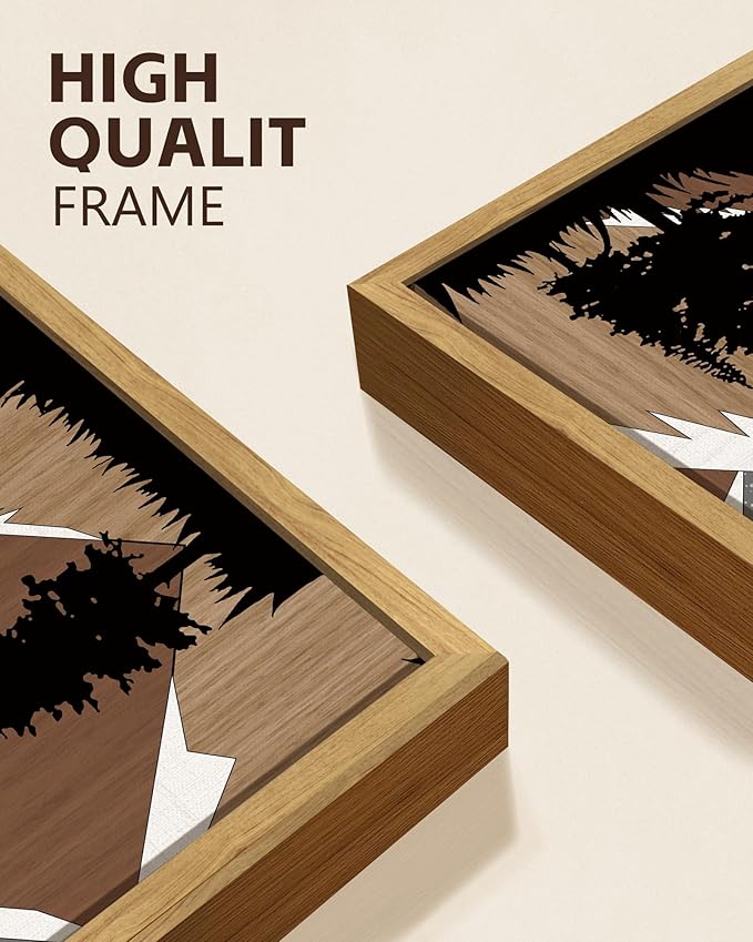 KUVIOKE Morden Mountains Framed Wall Art Boho Pine Tree Forest Nature Landscape Artwork Painting Bohemain Farmhouse Rustic Home Decor 12x16in (Natural Framed)