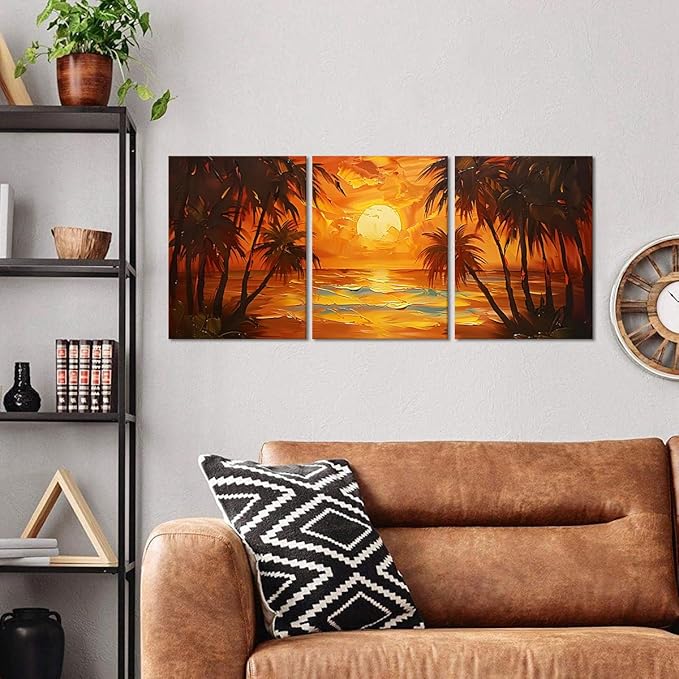 MAMAGO 3 Panels Coastal Sunset Canvas Wall Art Oil Painting Style Seascape Skyline Print Poster Beach Tropical Coconut Trees Modern Home Artwork Framed Easy to Hang-12”W x 16”Hx3pcs