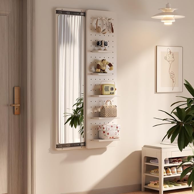 KungFuWood Full Length Mirror with Shelf and Hooks,Entry Way Mirrors for Wall,Wall Mirror with Shelf,Wall Mirror with Storage Multifunctional Design Panel,Living Room