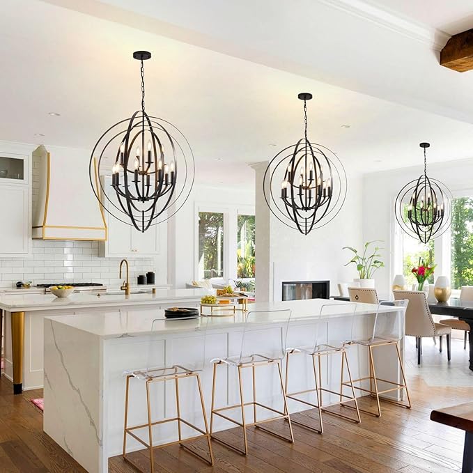 Black Chandelier, 12-Light Farmhouse Chandelier for Entryway, 31.5" Round Pendant Light Fixtures, Industrial Foyer Lighting Fixtures, Large Chandeliers for High Ceilings, for Living Room, Staircase