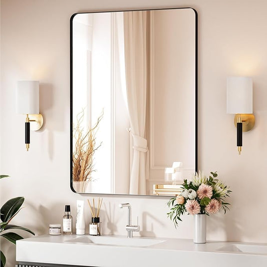 Black Bathroom Mirror 40X30 Inch Bathroom Vanity Mirror for Wall, Metal Frame Large Mirror, Tempered Glass, Modern Wall Mirror for Bathroom, Farmhouse, Horizontally or Vertically Hanging
