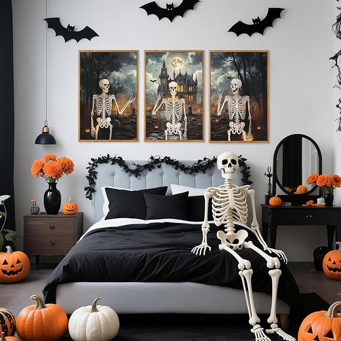 CHDITB Spooky Skeleton Framed Canvas Wall Art Set, Pumpkin Wall Decor, Strange Haunted Mansion Art Wall Painting, Vintage Gothic Skull Art Prints for Living Room, Halloween Party Decoration 16"x24"x3