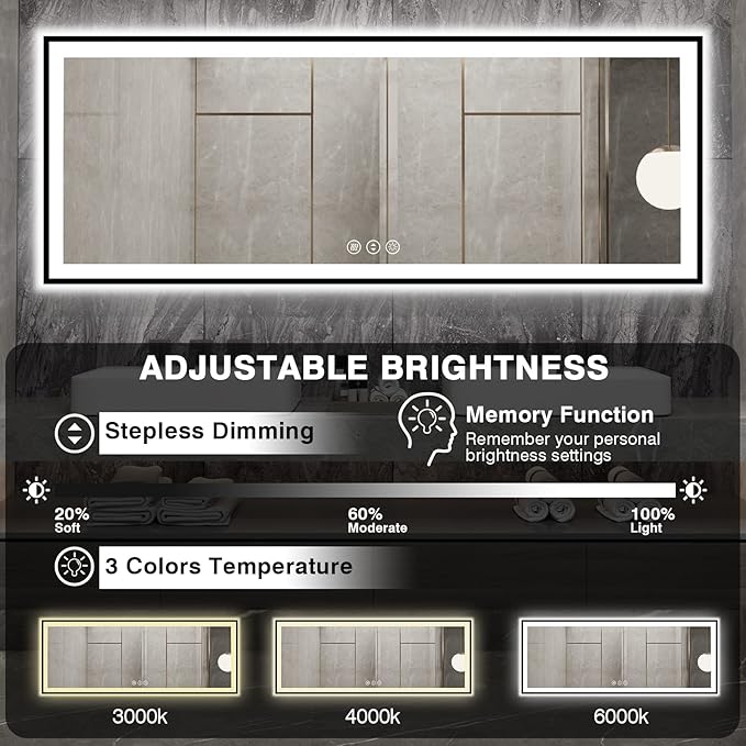 Large LED Bathroom Mirror - Black Aluminum Framed, Anti-Fog, Stepless Dimmable, 3 Colors Smart Mirror (Horizontal/Vertical)