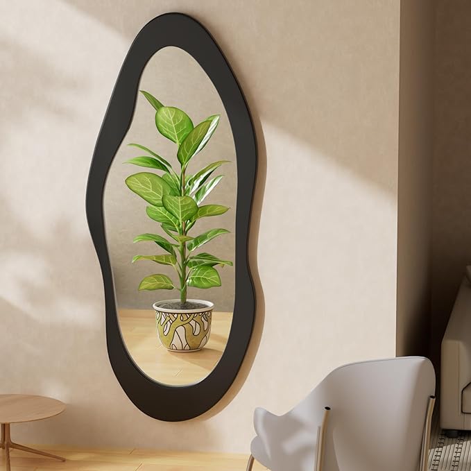 55" x 24" Irregular Wavy Full Length Mirror - Wall Mounted Wooden Framed Mirror for Bedroom/Living Room
