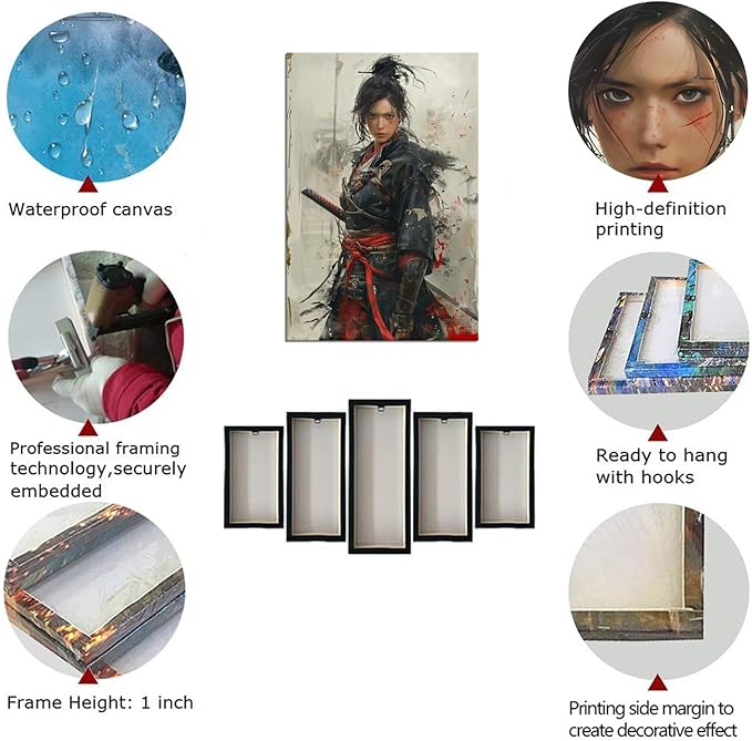 Japanese Female Samurai Wall Art Woman Fight Painting Canvas Prints Warrior Figure Pictures Bushido Posters Japanese Culture Theme Artwork for Bedroom Living Room Decor (24''W x 36''H)