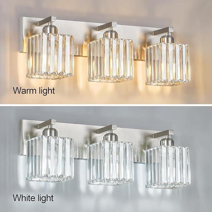 Modern Vanity Light 3-Lights Brushed Nickel Vanity Light Crystal Bathroom Wall Light Bathroom Light Fixtures