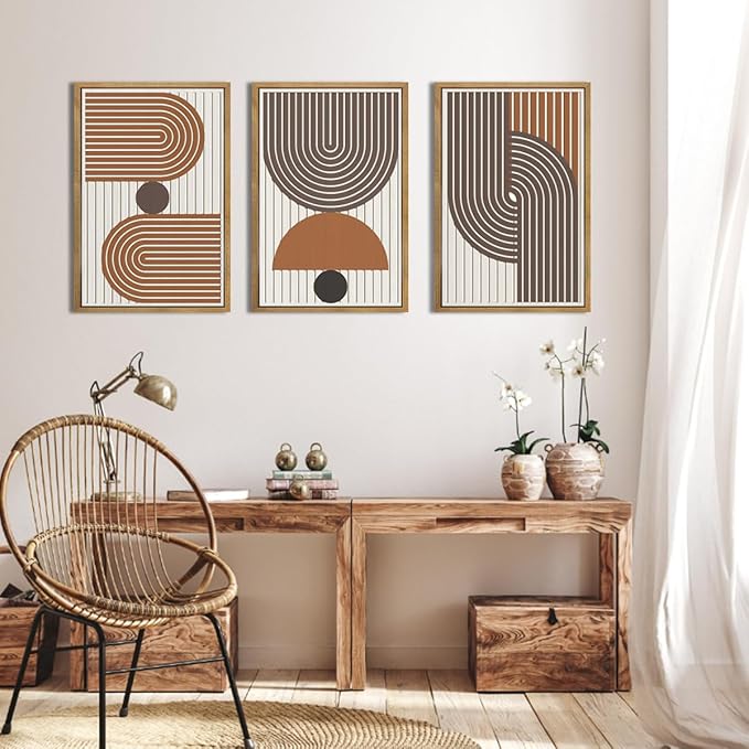 Mid Century Boho Modern Wall Art Set Abstract Geometric Wooden Wall Decor Minimalist Line Neutral Artwork Mid Century Wood Art Decor for Living Room Bedroom Office-16x24Inch x3