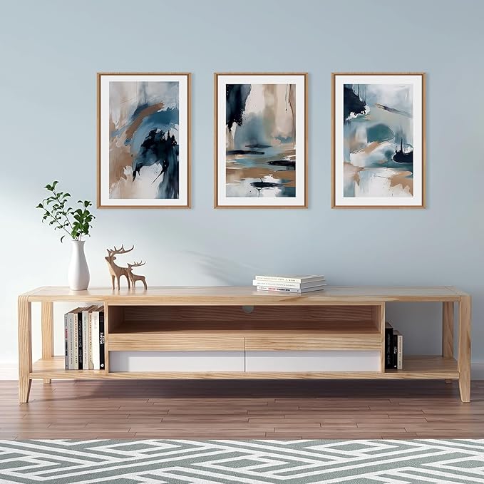 KAIRNE Blue Abstract Neutral Framed Canvas Wall Art Set, Navy Abstract Wall Decor, Watercolor Blue and Brown Wall Painting, Modern Textured Art Prints for Living Room, Bedroom, Office - 24"x36"x3
