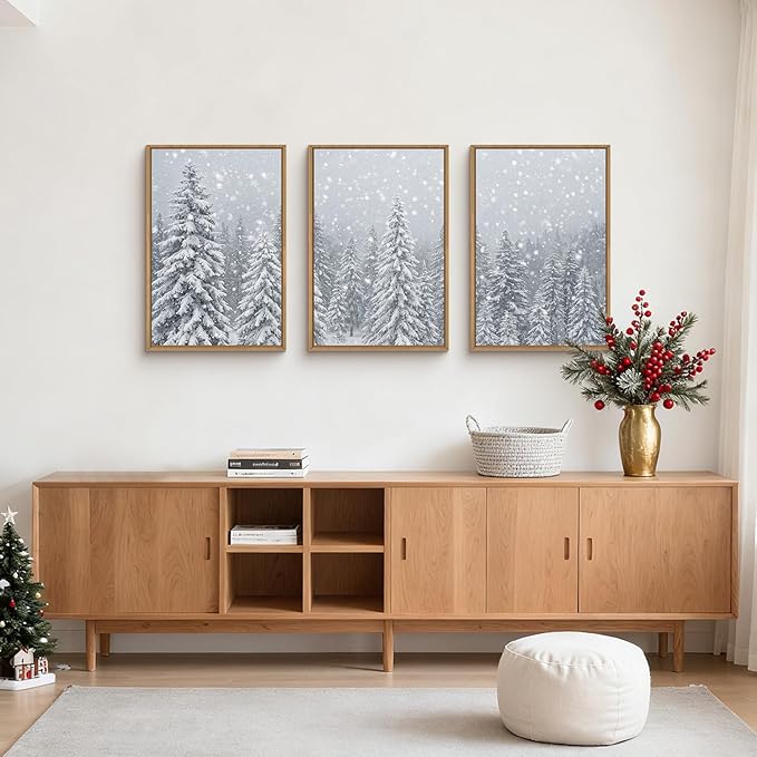 Aryroi Winter Snow Covered Forest Framed Canvas Wall Art Set,Snowy Woodland Wall Decor,Wilderness Pine Tree Art Prints,Natural Botanical Landscape Artwork for Living Room, Bedroom,Farmhouse- 16"x24"x3