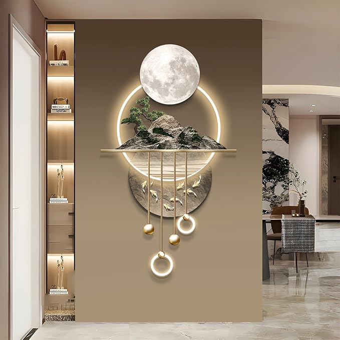 3D Art Wall Decor with Light, Decor Wall Sculptures Large 3D Art, Modern Home Decor Landscape Wall Sculpture, Plug-in Power Supply, Gold B, 23x49IN