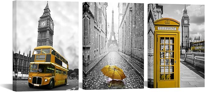 Biuteawal - 3 Panel City Wall Art Black and White Pairs Eiffel Tower with Yellow Umbrella Picture Prints London Big Ben Telephone Booth Bus Landscape Painting on Canvas for Living Room Bedroom Office