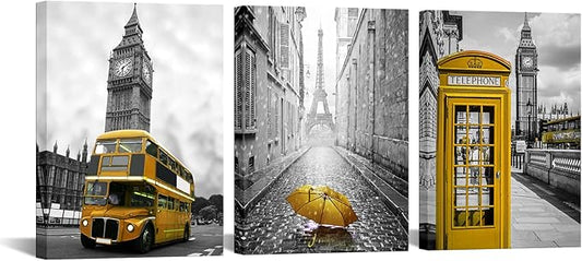 Biuteawal - 3 Panel City Wall Art Black and White Pairs Eiffel Tower with Yellow Umbrella Picture Prints London Big Ben Telephone Booth Bus Landscape Painting on Canvas for Living Room Bedroom Office