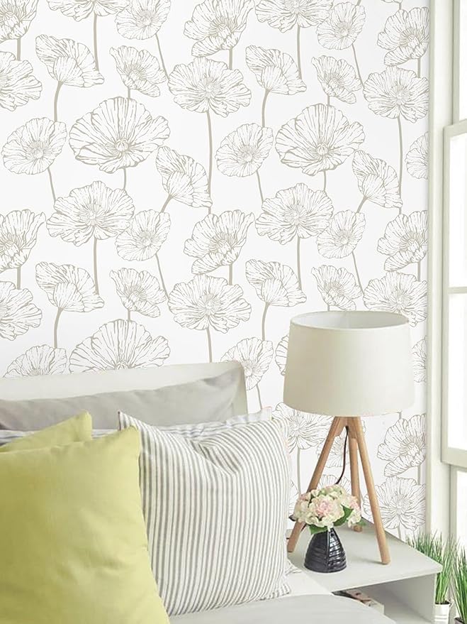 Orainege Peel and Stick Wallpaper Beige and White Floral Wallpaper 17.3inx196.8in Self Adhesive Contact Paper Removable Decorative Wall Paper for Bedroom Bathroom Cabinets Decor Vinyl