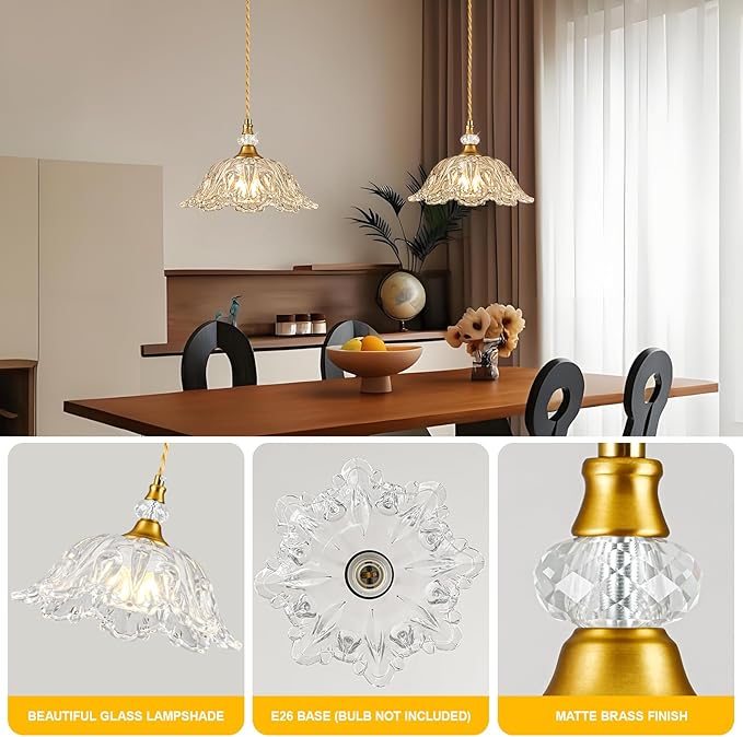 1 Piece Vintage Chandelier Light Fixtures with Crystal Glass Shade,Matte Brass Finish Pendant Light for Kitchen Island, Hanging Light Fixture for Dining Room, Hallway, Living Room, Bedroom