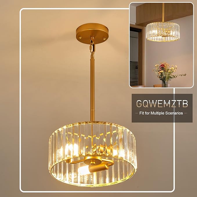 Modern Crystal Gold Chandelier for Dining Room,11.7 inch Semi Flush Mount Ceiling Dining Room Light Fixture with E12 Base*3,Round Pendant Lighting for Bedroom Hallway Bathroom Foyer Kitchen