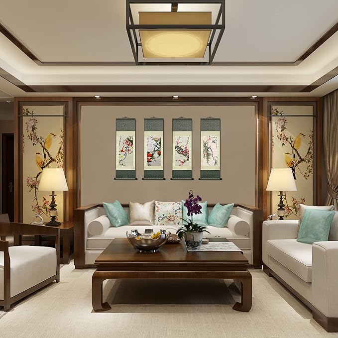 AtfArt Wall Art 4 Pack Asian Decor Birds & Flowers Silk Scroll Painting (36.2 x 12 in) - Chinese Art Wall Hanging, Fade-Resistant, Home Office