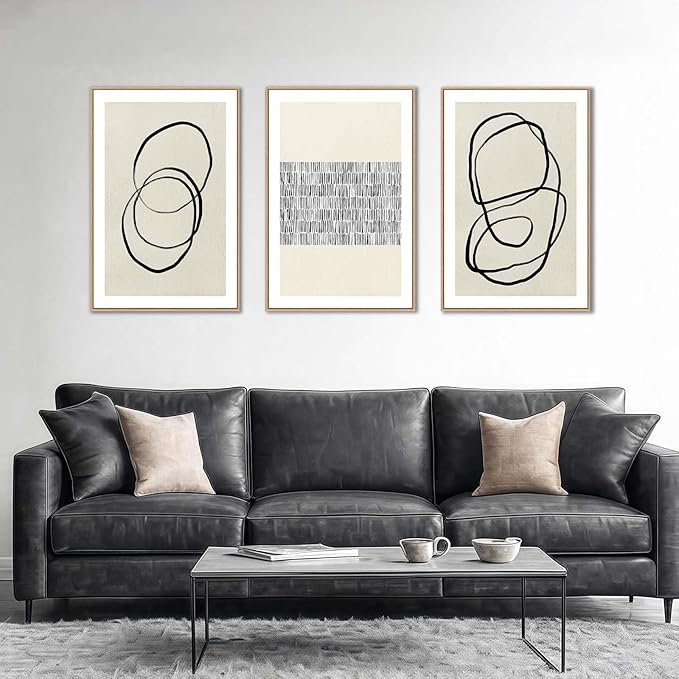 Abstract Boho Wall Art Set - Modern Boho Geometric Framed Canvas Prints, Neutral Mid-Century Graffiti Inspired Decorative Wall Decor for Living Room, Bedroom, Office - 24"x36"x3