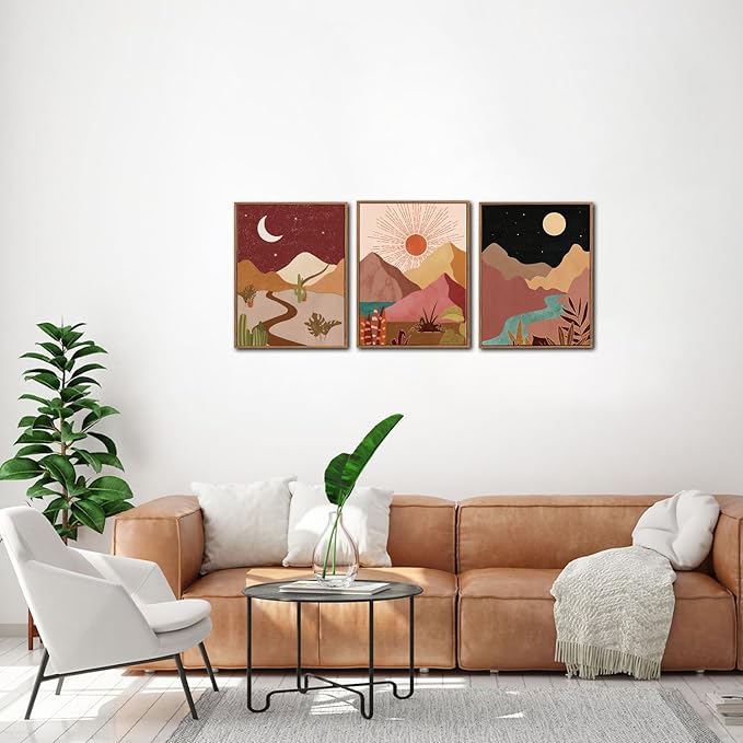 LHIUEM Modern Boho Framed Canvas Wall Art Set of 3(12”X16”) Moon and Sun Modern Desert Art Painting Nature Southwest Landscapes Artwork Rustic Mountain Wall Decor Framed Desert Art for Home Office