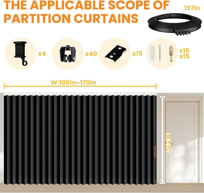100% Blackout Accordion Room Divider Curtains - with Flexible Ceiling Track Total Privacy Sound Proof Curtains Suitable for Bedroom Patio Sliding Door(Black, W180 x L84, 1 Pack)