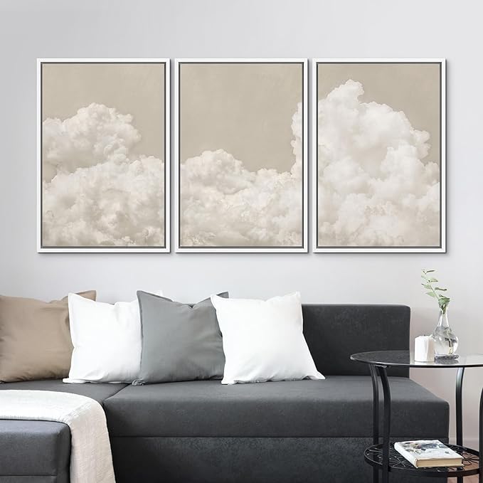 MUDECOR Framed Wall Art Print Set Serene Sky Filled with Fluffy Clouds Illustrations Modern Art Decorative Colorful for Living Room, Bedroom, Office - 24"x36"x3 White