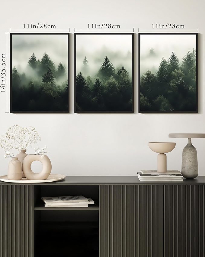 KUVIOKE Green Fog Pine Tree Framed Wall Art Nature Nordic Forests Artwork Morden Painting Home Decor 11x14in (Black Framed)